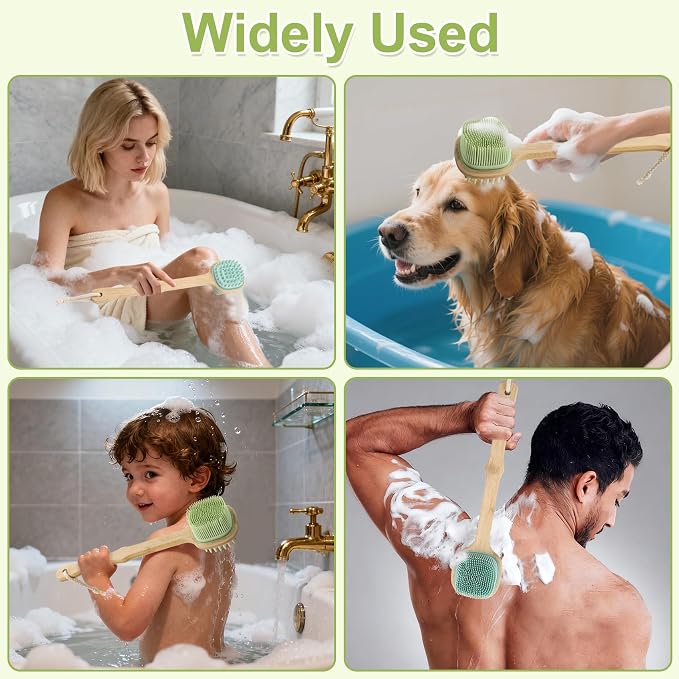Silicone Back Scrubber for Shower, 2 PCS Silicone Bath Body Brush Loofah with Long Handle, Dual-Sided Shower Brush for Body, Exfoliating Body Scrubber Back Washer for Men Women(Lake Blue +Green)