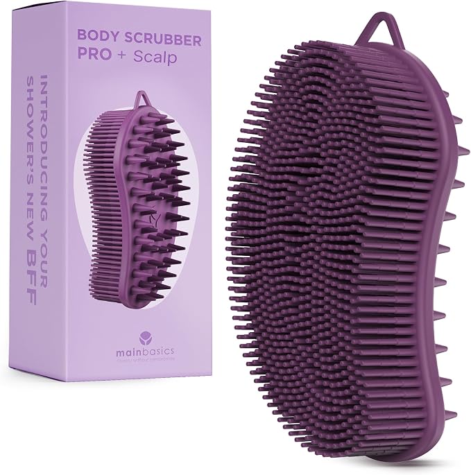MainBasics Silicone Body Scrubber Dual-Sided, Purple, Scalp | Shower Scrubber and Scalp Massager, Gentle Silicone Loofah Alternative for Deep Clean