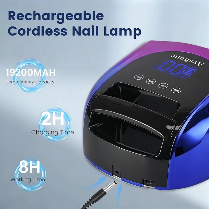 Professional Rechargeable 96W UV LED Nail Lamp, Cordless UV Light for Nails with Removable Stainless Steel Bottom, 4 Timer Settings and Smart Sensor for Salon or Home, Blue and Purple