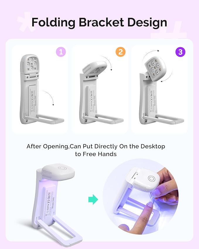 MelodySusie 2in1 Mini Cordless UV Nail Lamp P-ART09F for Manicure Beginners | Hands-Free Fold-out Stand,Lighting & Curing 2 Mode,30s/60s Timer, Use for Home Nail Art Design, 1000mAh Battery
