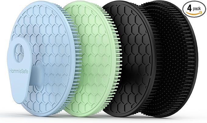 4 Pack Soft Silicone Shower Brush, Body Exfoliating Skin Massage Scrubber | Body Wash Bath Dry Skin Brushing Glove Loofah, Fit for Sensitive and All Kinds of Skin(2Pack Black+Mint+Blue)