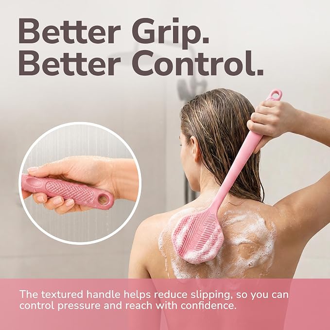 SILKLE Long Handle Back Scrubber for Shower - Silicone Body Scrubber & Bath Brush, 15 Inch Easy-Reach Handle, Foam-Focused Center, Exfoliating Bristles - Pink