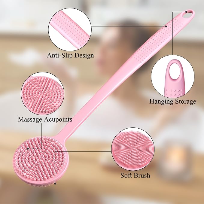 2 Pack Back Scrubber for Shower, 17in Lengthen Long Handle Body Brush, Double Sided Shower Brush for Shower Exfoliating and Massage Can Produce Rich Foam, Long Handle Back Scrubber for Men