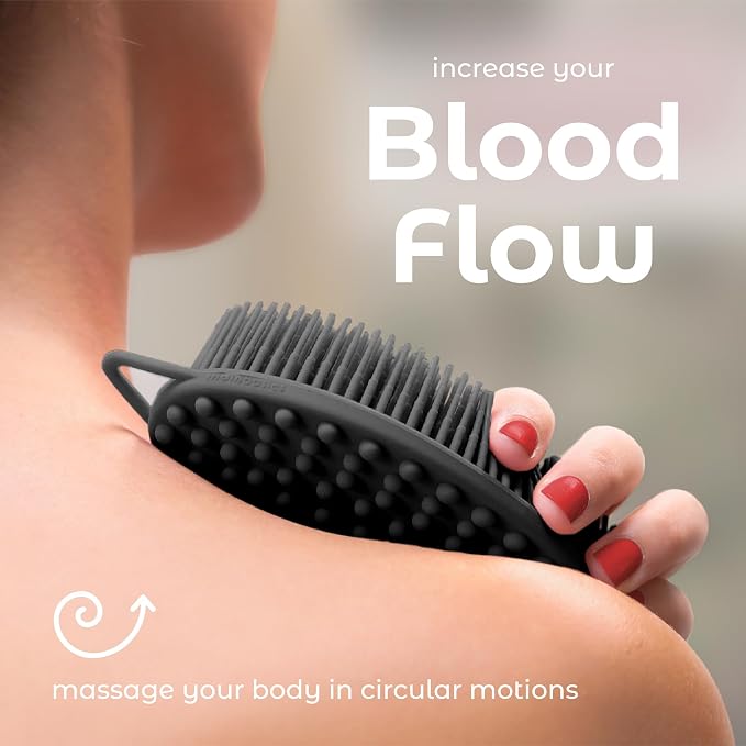 MainBasics Silicone Body Scrubber Dual-Sided, Black, Massage | Shower Scrubber with Massage Nodes, Silicone Loofah Alternative for Deep Clean