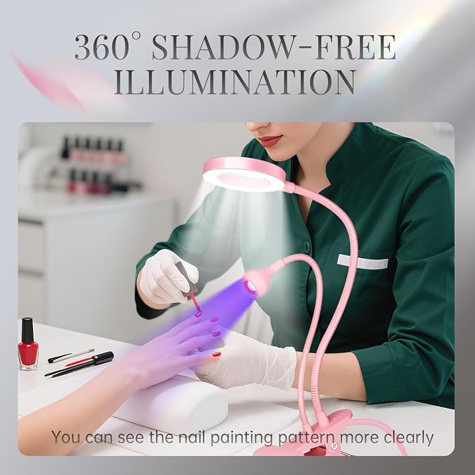 UV Nail Lamp with 6X Magnifier, 4 Brightness, Dual Light Mode | 6X magnifier, UV+LED dual light, 3 color temps, 360° gooseneck, for gel nails and crafts, salon and home DIY