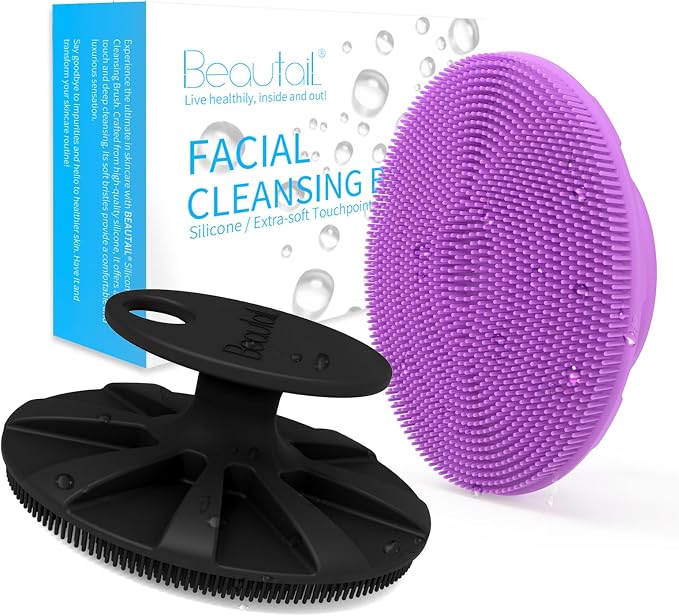 Silicone Face Scrubber 2 Pack, BEAUTAIL Manual Facial Cleansing Brush | Gentle Face Exfoliator for Sensitive Skin, Skin Care Exfoliating Face Scrubber for Men and Women, Black+Purple