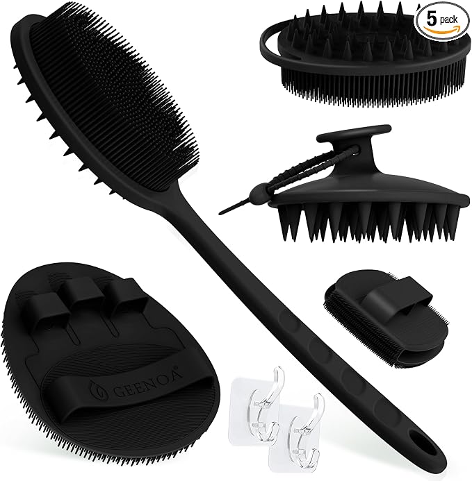 Silicone Back/Body/Face Scrubber & Scalp Massager Set 5PCS, 13.4'' Soft Back Scrubber, 360° Anti-Slip Bath Glove, Unique Side-bristled Face Scrubber, Shampoo Brush for All-round Cleaning(Black)