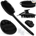 Silicone Back/Body/Face Scrubber & Scalp Massager Set 5PCS, 13.4'' Soft Back Scrubber, 360° Anti-Slip Bath Glove, Unique Side-bristled Face Scrubber, Shampoo Brush for All-round Cleaning(Black)