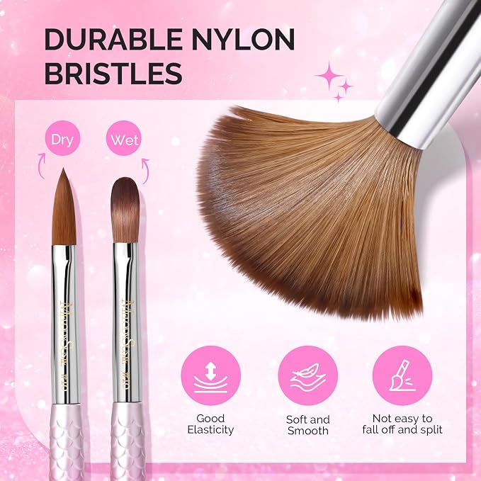 MelodySusie 3Pcs Acrylic Nail Brush Set, Size 8/10/14 with Brush Holder, Nail Art Brushes for Acrylic Application Powder Nail Extension and 3D Carving, Nail Art Tools for DIY Home Salon, Pink-Silver