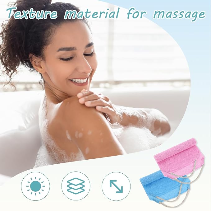 Body Scrubber with Handles Exfoliating Washcloth Towel for Shower Bath 2Pcs Nylon Back Exfoliator Extended Length Back Washers Back Scrubber Towel Stretchable Pull Strap for Sensitive Rough Skin