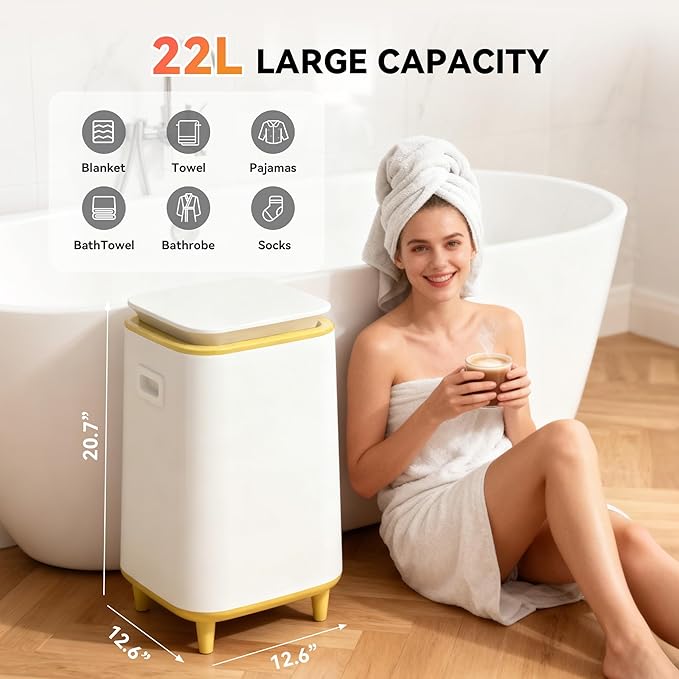 Large Towel Warmer for Bathroom, Unlimited Heating Heated Towel Warmers Bucket, Bath Blanket Warmers for SPA, Auto Shut Off, Fits Up to Two 40"X70" Oversized Towels, Bathrobes, Ideal Gifts, Yellow