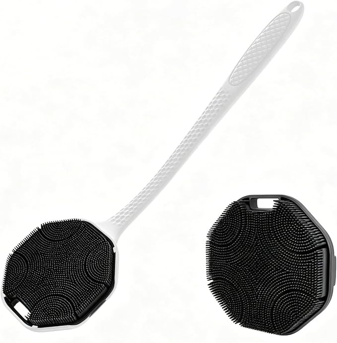 Back Scrubber for Shower 2 Pack, Silicone Body Scrubber with Long Handle, Detachable Body Wash Bath Scrubber Shower Scrub Brush -Dense Bristles Exfoliating & Lather Well for Women Men Black