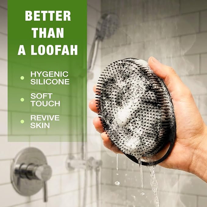 3-in-1 Silicone Scrubber Set – Exfoliating Body Scrubber, Scalp Massager Shampoo Brush & Facial Cleansing Pad – Hygienic Shower Loofah Alternative for Men & Women (3 Pack)