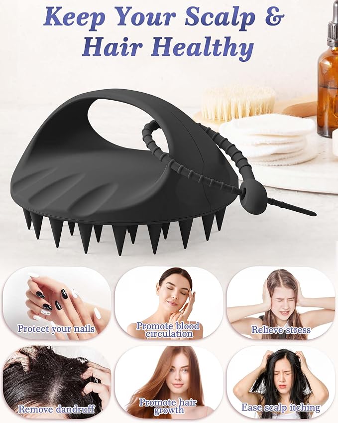Manmihealth Large Hair Scalp Scrubber, One-piece Silicone Scalp Massager | Long Bristles Shampoo Brush for Dandruff Removal and Hair Growth with Hang Strap, Wet Dry Use (Style 2 Black)