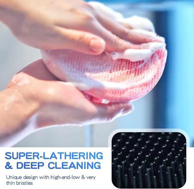 Manmihealth Silicone Body Scrubber & Scalp Massager 5PCS Set Style 2 Pink | Super-Exfoliating Back Scrubber Shower Brush & Shampoo Brush Combination, with 2 Free Hooks