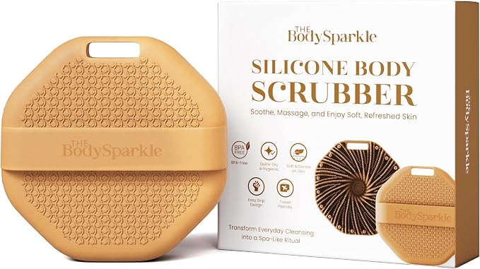 Silicone Body Scrubber for Shower & Bath – Food-Grade Silicone Body Brush with Ergonomic Handle for Cleansing & Gentle Exfoliation – Reusable Body Scrubber for Smooth Skin (Brown)