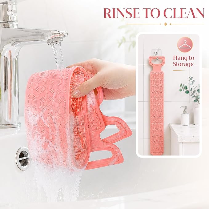 Manmihealth Silicone Back Scrubber for Shower Pink | 33.8'' Exfoliating Body Scrubber with Long Strap Handle, Dual-Sided Extendable Back Washer for Men and Women