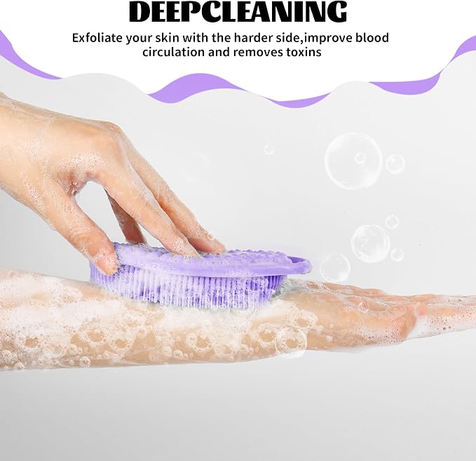 Silicone Body Scrubber Loofah – 2 Pack Soft Silicone Shower Scrubber, 2-in-1 Bath & Shampoo Brush, Gentle Loofah Alternative for Sensitive Skin, Fast-Drying, Black & Purple