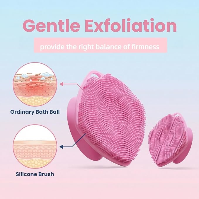 Silicone Body Scrubber with Suction Cup, Gentle Texture Exfoliating Body Scrubber for Men and Women On Sensitive Skin, Build Up Lather, Deep Skin Clean (Body+ Face Scrubber Pink)
