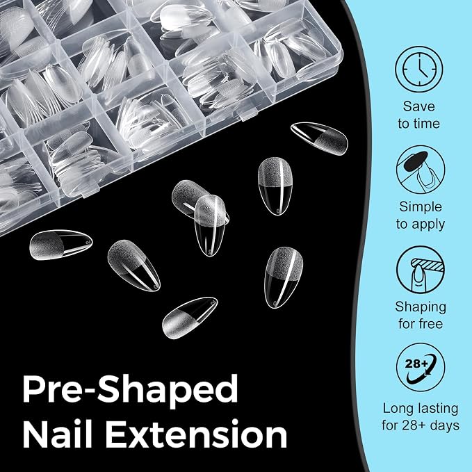 TOMICCA Medium Almond Nail Tips 240Pcs 15 Sizes Pre-shaped Nail Extension for Gel Tips, Press On Nails, Acrylic Fake Nails for Beginners and Professionals, Home DIY Nail Salon, Wedding