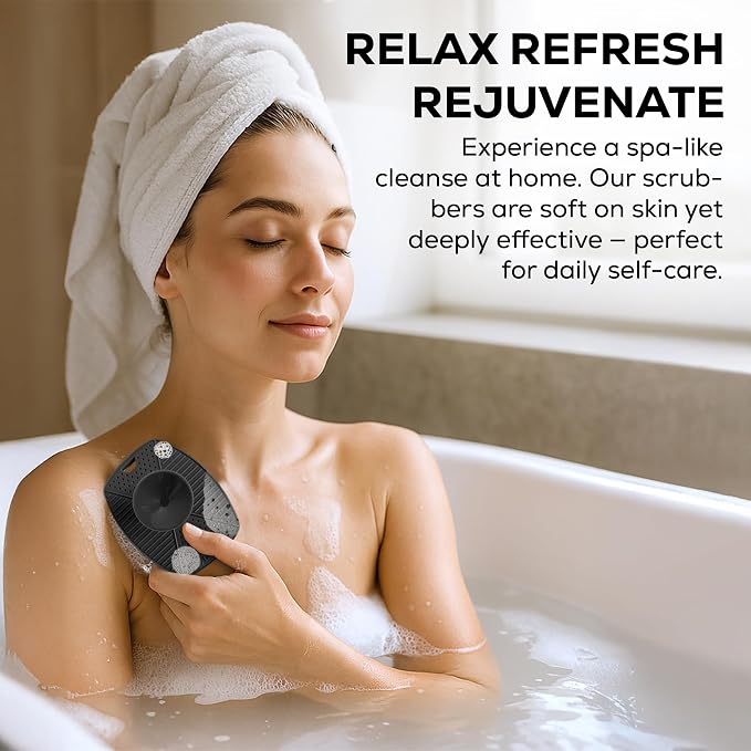 Silicone Body Scrubber — Suction Cup Mount & Hook, Gentle Exfoliating Shower Brush, Soft Loofah Alternative for Men, Women & All Skin Types — Graphite Black