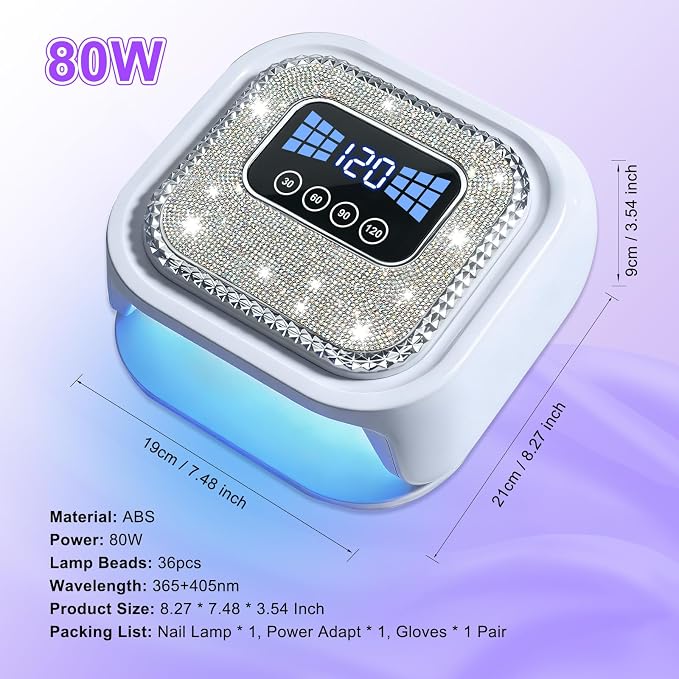 UV LED Nail Lamp 80W,Professional Gel Nail Dryer with Rhinestone,4 Timers,Auto Sensor,36 LED Beads,Fast Curing UV Light for All Gel Polishes,Manicure Pedicure Lamp for Home & Salon Use Nail Art Tool