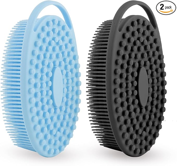 Silicone Body Scrubber 2 Pack Silicone Loofah Exfoliating Body Scrubber Soft Silicone Shower Brush with Handle Double Sided Bath Body Brush for Women Men Cleaning Massage Sensitive Skin, (Blue, Black)