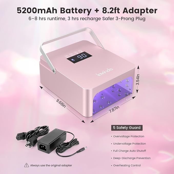 Lavinda 60W Large Professional Nail Lamp with Portable Handle, UV/LED Nail Dryer with Features Dual-Temp Control & LCD Timer,Rechargeable 5200mAh for Cordless Salon.