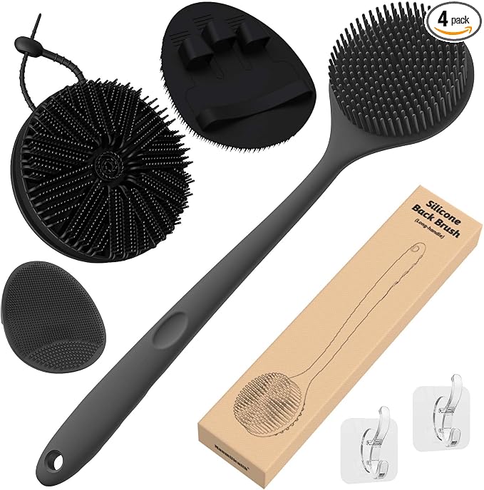 Manmihealth Silicone Body Scrubber Shower Brush Set Thin Bristles Black | 4PCS Super-Cleansing Body Scrubber & Strong Lathering Power Bath Glove Combination