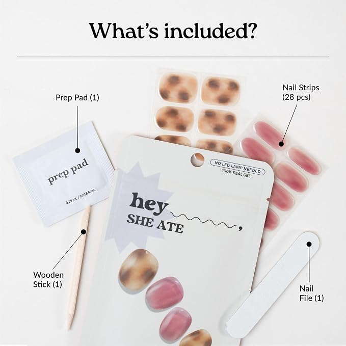 Heyhae Semi Cured Gel Nail Strips Salon Quality - Hey, She Ate | No UV Light Needed | Salon Quality, Easy Apply & Remove | 28 Strips, 1 Prep Pad, Nail File, Wooden Stick | Pink Marble