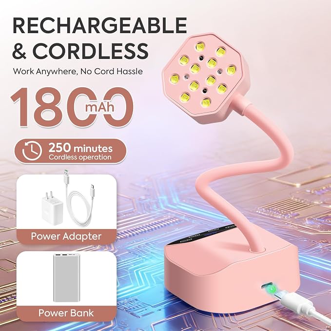 Mini UV Nail Lamp Flash Cure for Gel X Nail Polish – 360° Foldable Gooseneck LED Nail Lamp with 12 LEDs, Smart Sensor, USB Portable Cordless 36W Rechargeable Nail Dryer with 4 Timers for Salon & Home