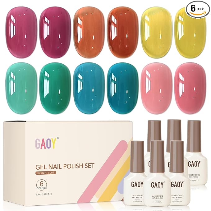 GAOY Jelly Gel Nail Polish Set, 6 Colors Pink Red Blue Teal Yellow UV Gel | Glass Effect, Layer with Cat Eye, Buildable Color, UV Lamp Required, Easy to Apply, Long Lasting, Salon Manicure at Home