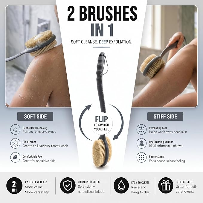 Avilana Long Handle Body Brush for Shower, 19 Inch Curved Back Scrubber with Soft & Stiff Bristles, Exfoliating Body Brush for Back, Legs & Feet, Non-Slip Silicone Handle, Replaceable Head System