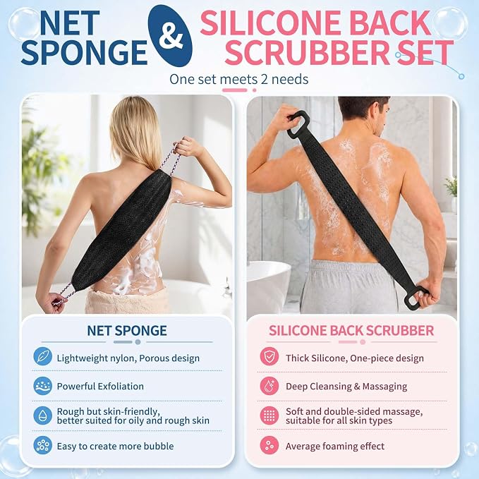 Manmihealth Silicone Back Scrubber for Shower & African Net Sponge Set | 36'' Dual-Sided Back Washer & African Long Bath Sponge, Extendable Long Silicone Body Brush (Black+Black)