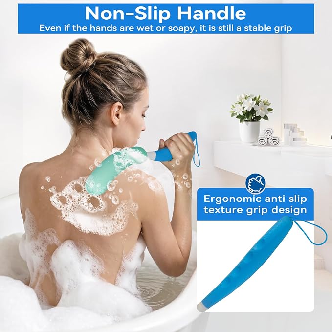 Back Bath Brush with Sponge, 15.35"Back Scrubber with Anti-Slip Long Handle | Back Scrubber for Shower, Curved Long Handle Bath Body Brush for Elderly Aid Bathing and Shower, Exfoliating Body Scrubber