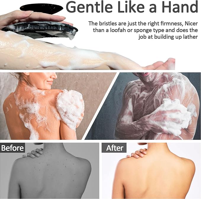 Soft Silicone Body Scrubber, Gentle Like a Hand Exfoliating Your Skin and Build Up Lather Easily, Back Large Suction Cup Easy to Store, Long-Lasting & Deep Clean (Black)