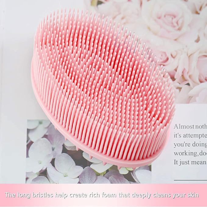Silicone Body Scrubber, Silicone Dish Scrubber, Super Soft Silicone Loofah, Double-Sided for Lathering and Scalp Massaging, Easy to Clean Body and Dish Exfoliator-Pink