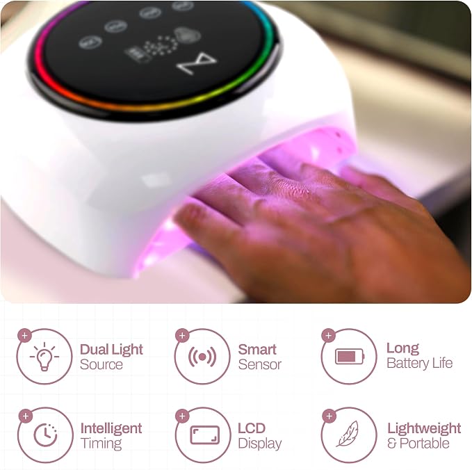 M - HaloLite LED Nail Curing Lamp 98W, 32 LEDs, Wireless Rechargeable with 5200mAh Battery, Fast UV/LED Gel Nail Dryer for Salon & Home Use, Long-Lasting, Portable, Cordless Design (Pink)
