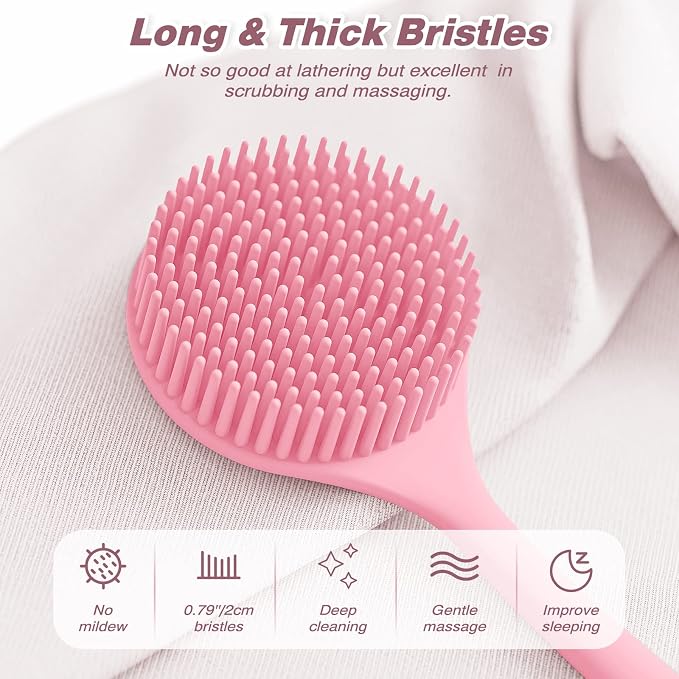 Manmihealth Silicone Back Scrubber & Soft Bath Glove Set 2PCS Pink | Super-Exfoliating Body Scrubber & Super-Lathering Shower Brush Combination, Thick Bristles, with a Free Hook