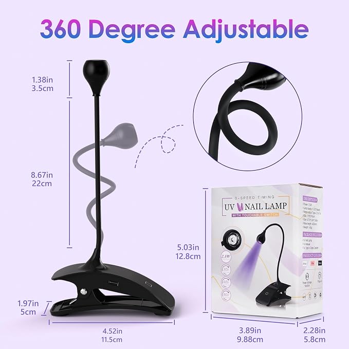 AORAEM UV Nail Lamp, Rechargeable Gooseneck UV Light for Gel Nails | Flash Cure Lamp Nail Dryer with Clamp, Portable LED Gel Light 3 Level Timing Home Professional DIY Manicure Salon, Black