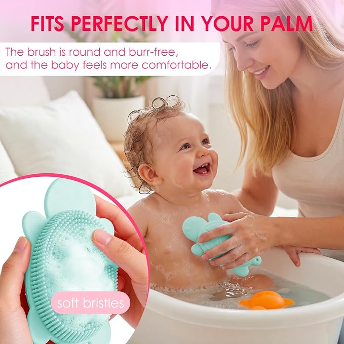 Baby Shower Brush,Kids Silicone Body and Back Exfoliating Mitt - Soft Bristles, Gentle Exfoliation, Cute Turtle Design Makes Children Love Bathing(Mint)