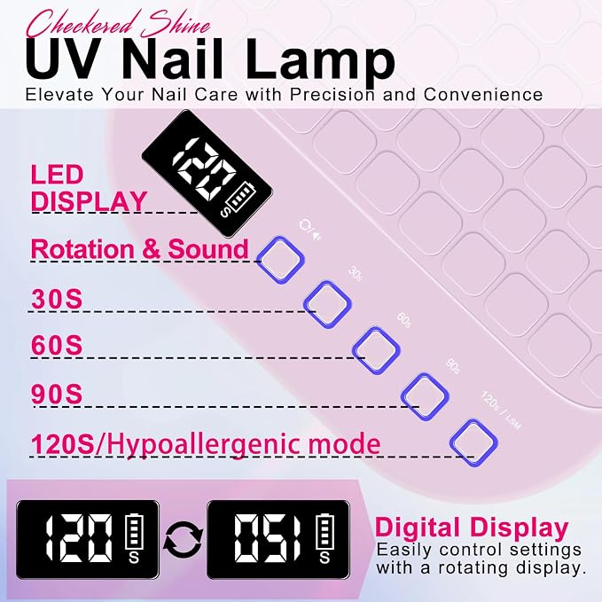 MEKK Red Light UV LED Nail Lamp, Cordless Professional UV Nail Light | Auto Sensor, Flash Cure, Cordless,Rotatable LCD, Checkered Design,Low Heat,No Harm, Suitable for Salon and Home-Pink