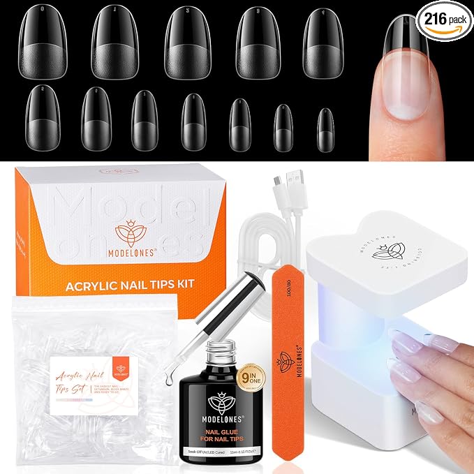 modelones X Nail Gel Kit Medium Oval, 9-in-One Nail Glue Mini UV Light | 216Pcs 12Sizes Pre-Etched Round Press ons Fake Acrylic Extension Kit DIY Salon Gift