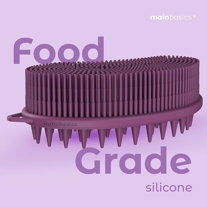 MainBasics Silicone Body Scrubber Dual-Sided, Purple, Scalp | Shower Scrubber and Scalp Massager, Gentle Silicone Loofah Alternative for Deep Clean