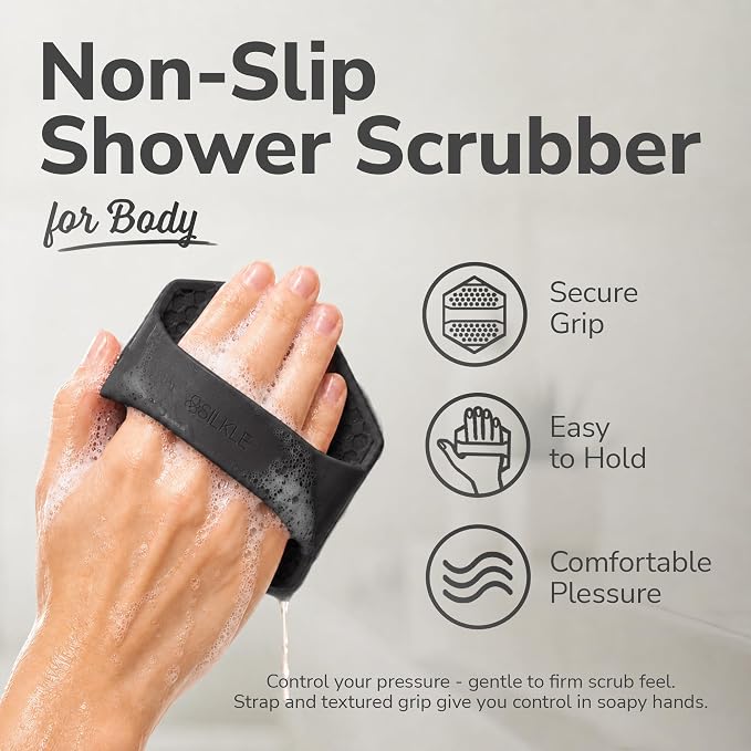 SILKLE Silicone Body Scrubber Exfoliator, Shower Scrubber & Silicone Loofah | Exfoliating Body Scrubber, Non-Slip Grip - Silicone Bath Brush & Shower Brush for Body, Quick-Rinse One-Piece Design - Black