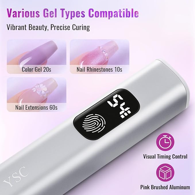 YSC Handheld UV Light for Nails, Cordless Flash Cure Lamp LCD Dual Timers | Portable mini uv nail lamp to flash cure soft gels, LCD dual timers, aluminum shell, 60 mins runtime, home & salon manicure