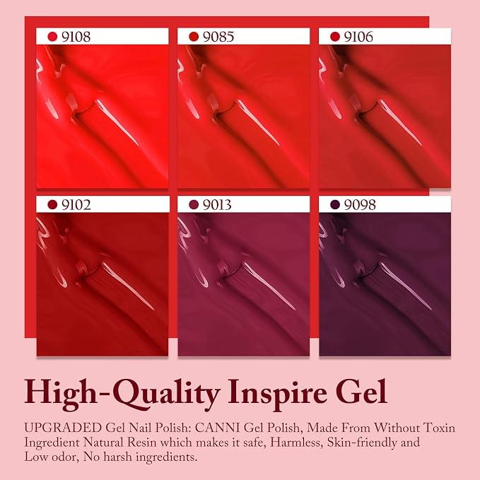CANNI 9ML Gel Nail Polish Set, 6 Red Shades UV LED Soak Off Polish | Smooth Application • Highly Pigmented • Glossy Finish • Long-Lasting Wear • Nail Art • Salon DIY Manicure • Easy Application