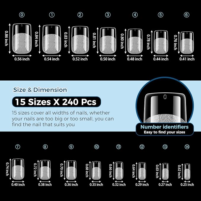 TOMICCA Short Square Nail Tips, 240pcs 15 Sizes, Soft Gel Tips | Half Matte Pre-Shaped Full Cover Clear Fake Nails, Acrylic Press on Nails for Extension, Beginners and Professional Salon