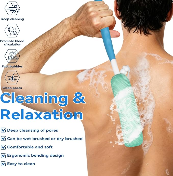 Back Bath Brush with Sponge, 15.35"Back Scrubber with Anti-Slip Long Handle | Back Scrubber for Shower, Curved Long Handle Bath Body Brush for Elderly Aid Bathing and Shower, Exfoliating Body Scrubber