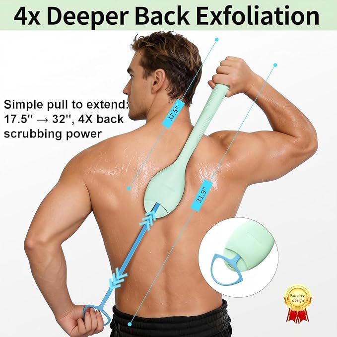Extendable Silicone Back Scrubber, 17-32", 4X Scrub Power,Green | Dual handles for 4X power. Zinc-infused BPA-free silicone. 30D dense bristles for rich lather & deep cleanse. Quick-dry.